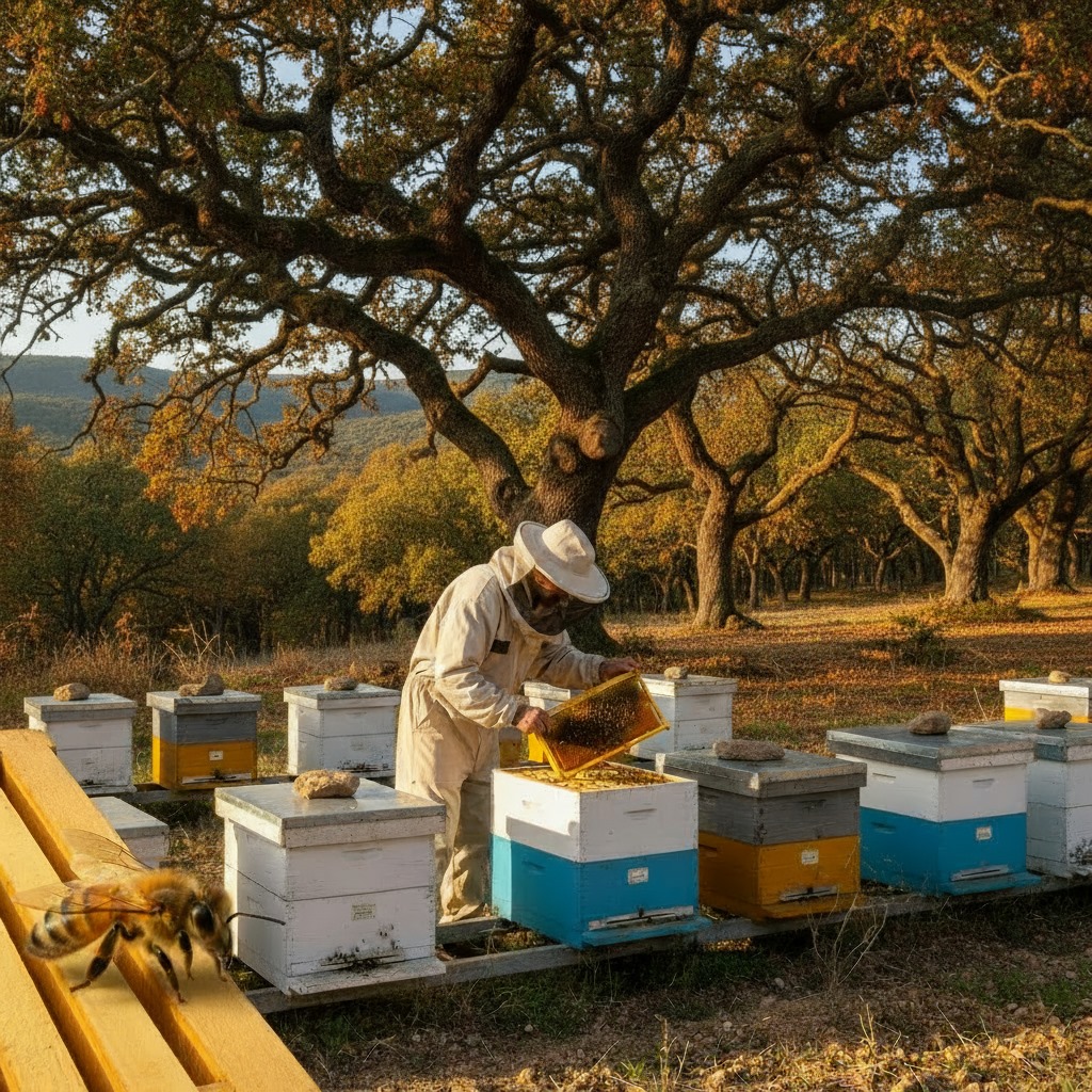Apicultor revisando una colmena. La Meliciosa.